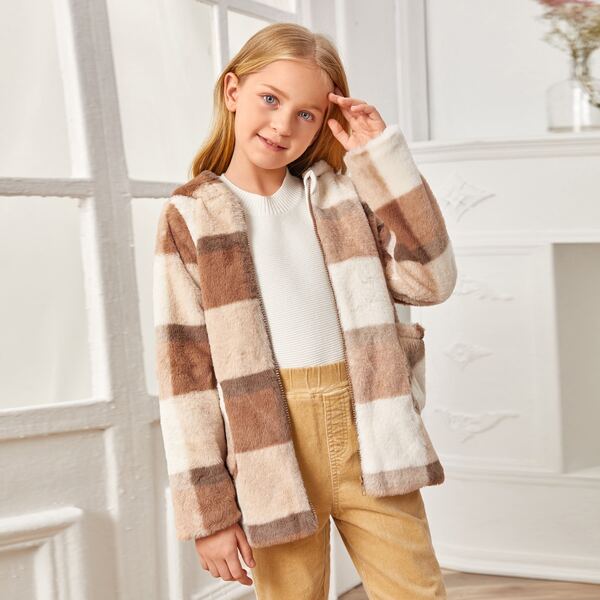 

Girls Plaid Hooded Teddy Coat, Multicolor