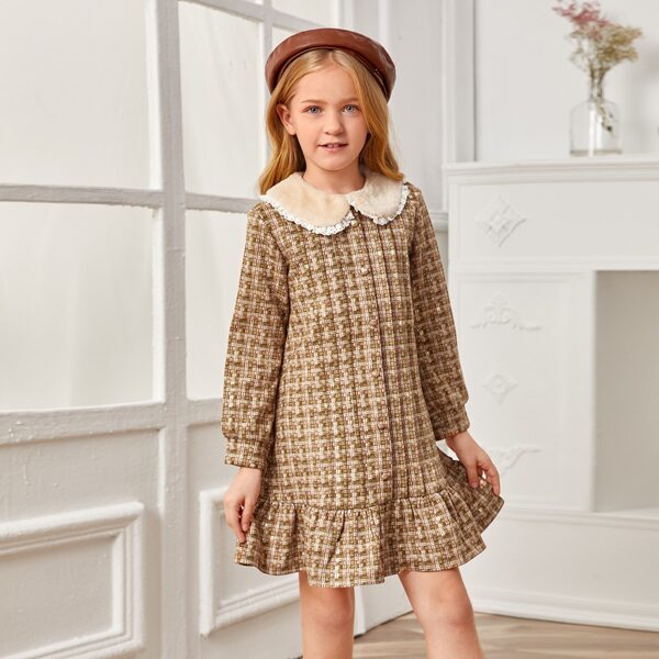 

Girls Guipure Lace Trim Contrast Faux Shearling Collar Tweed Dress, Multicolor