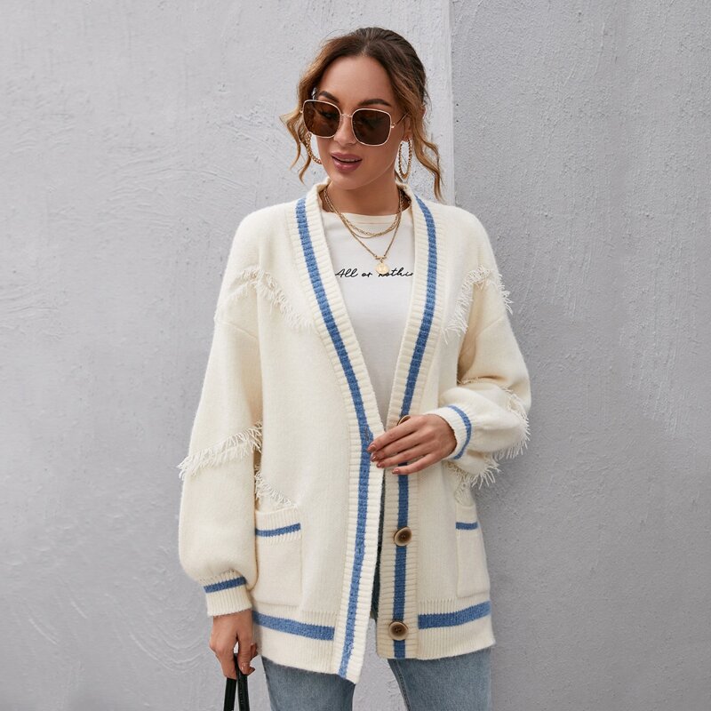 

Tassel Trim Button Front Patch Pocket Cardigan, Beige