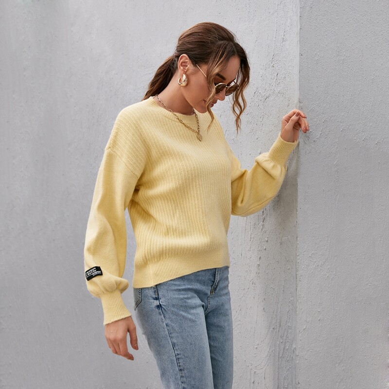 

Drop Shoulder Fuzzy Knit Sweater, Yellow pastel