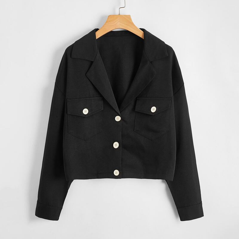 

Drop Shoulder Lapel Neck Flap Pocket Jacket, Black