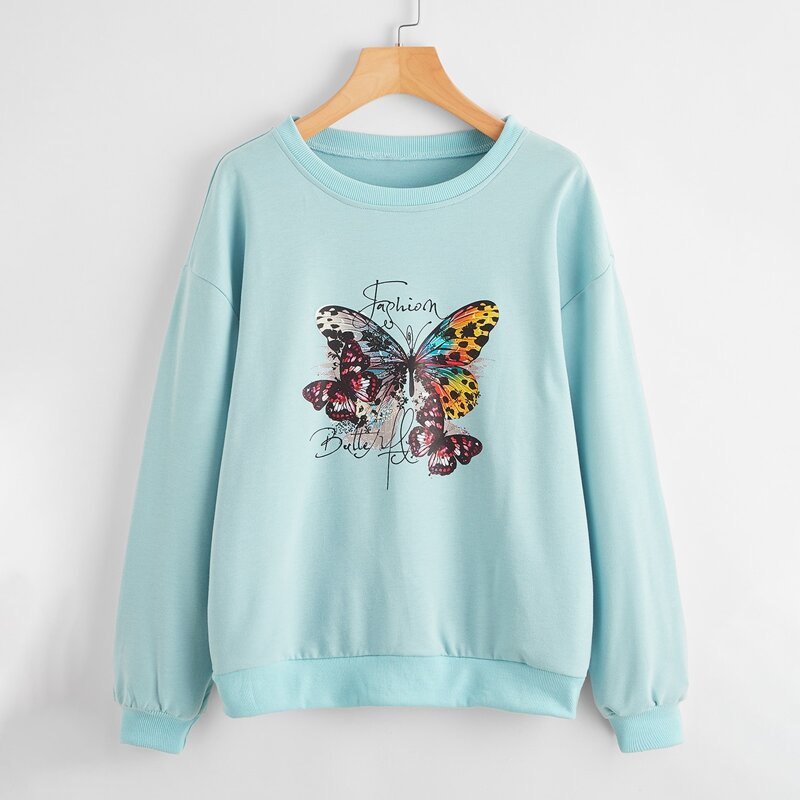 

Butterfly And Letter Graphic Sweatshirt, Mint blue