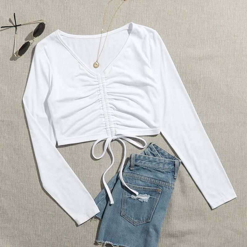 

Drawstring Front Ruched Crop Tee, White