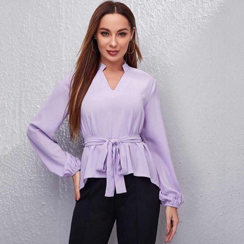 

Self Tie Notched Collar Blouse, Lilac purple