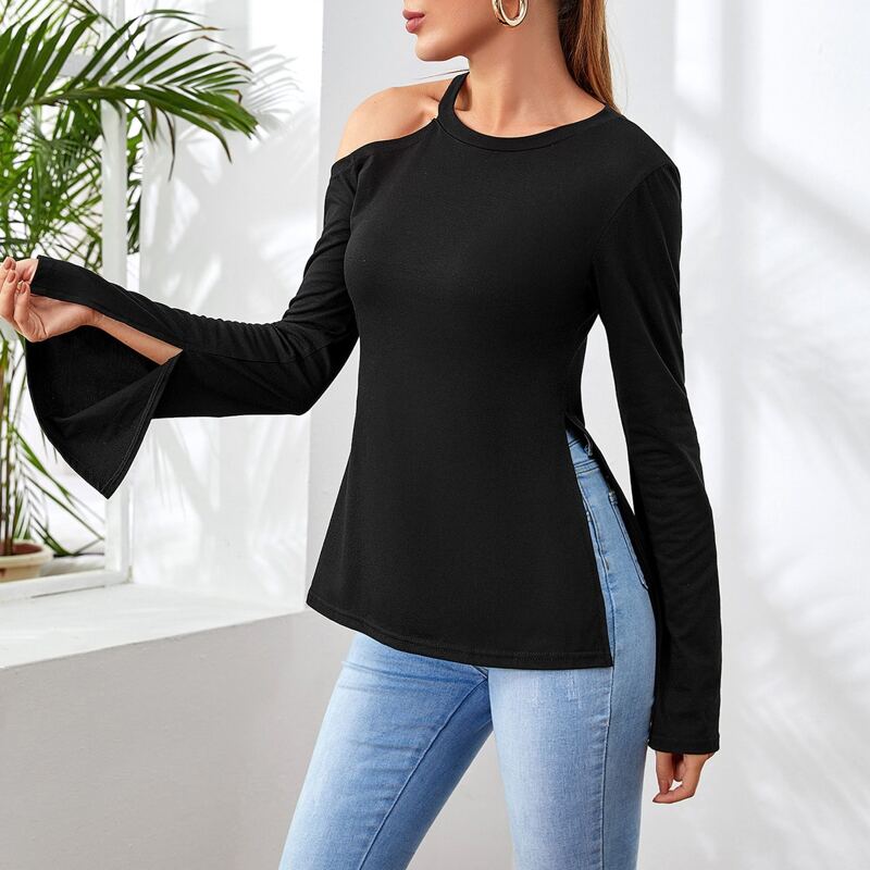 

Asymmetrical Neck Split Flounce Sleeve Tee, Black