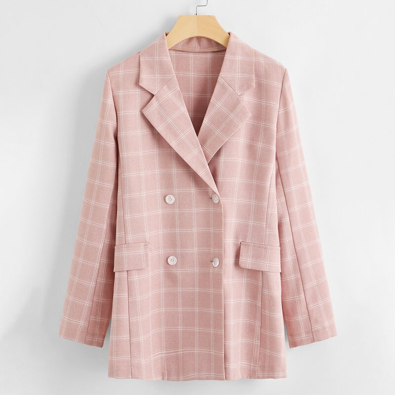 

Lapel Collar Plaid Double Breasted Blazer, Baby pink