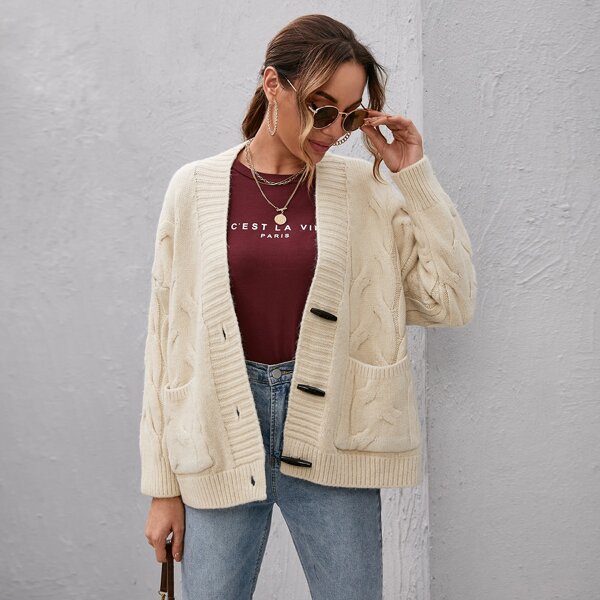 

Button Front Patch Pocket Cable Knit Cardigan, Beige