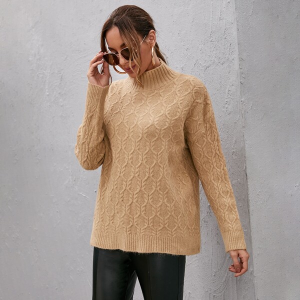 

High Neck Drop Shoulder Cable Knit Sweater, Khaki