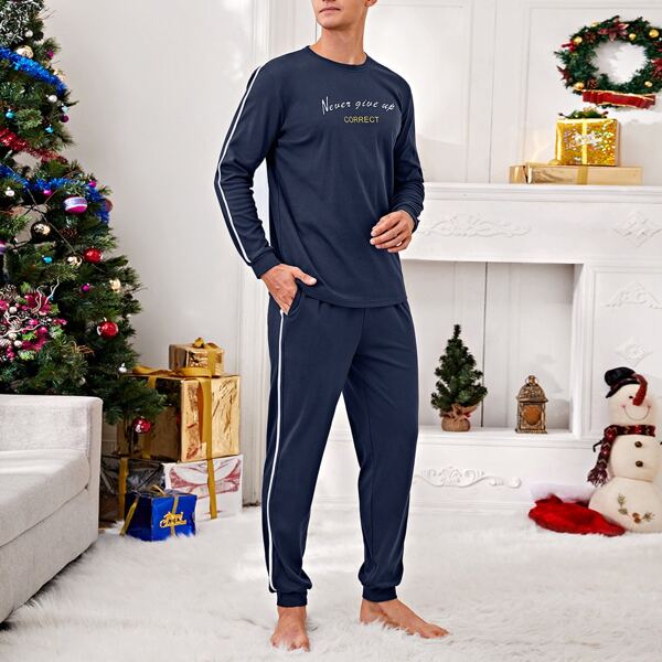 

Men Slogan Graphic Slant Pocket PJ Set, Navy blue