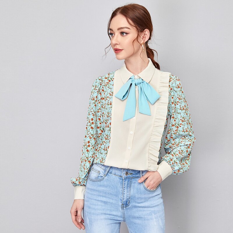 

Ditsy Floral Button Front Blouse With Removable Tie, Multicolor