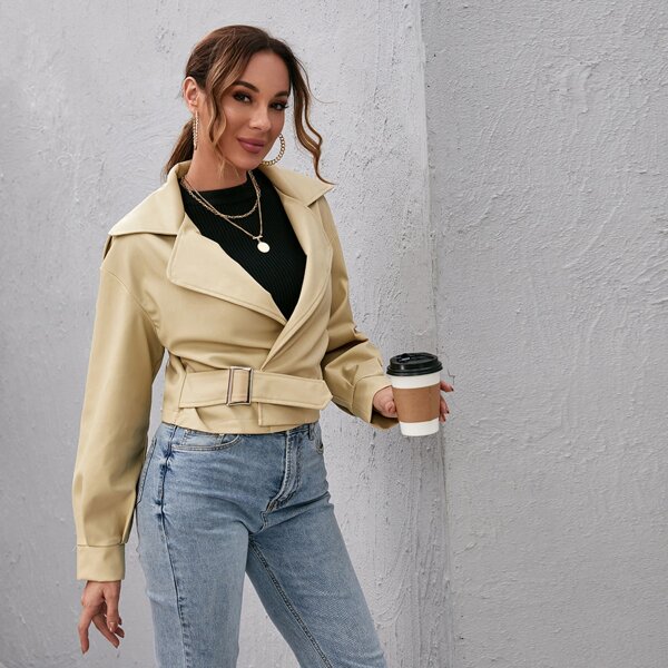 

Buckle Strap PU Leather Jacket, Khaki