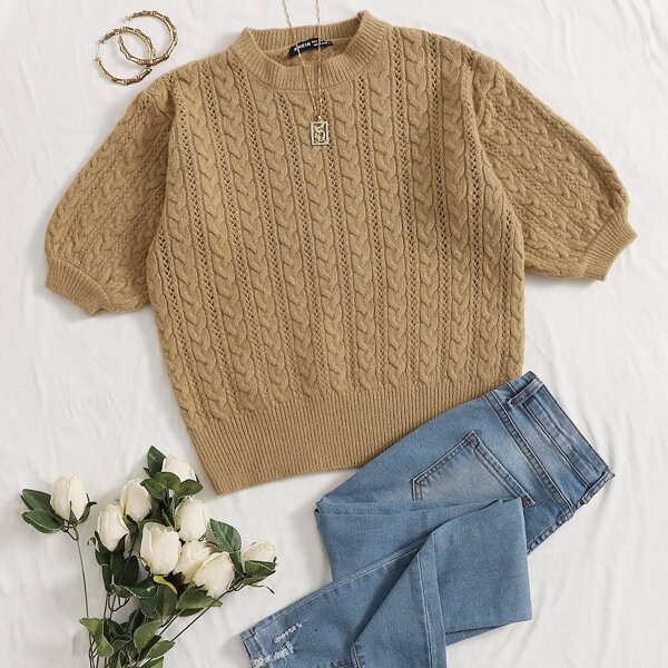 

Mock Neck Cable Knit Top, Khaki