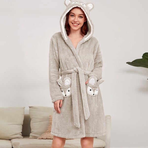 

Cartoon Print Belted Flannel Robe, Light grey
