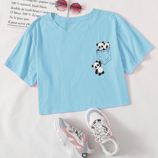 

Plus Pocket & Panda Print Tee, Baby blue