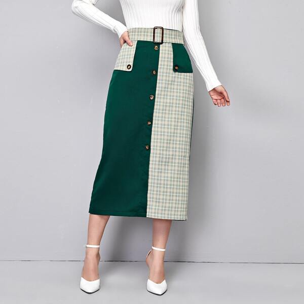 

Split Back Colorblock Plaid Belted Skirt, Multicolor