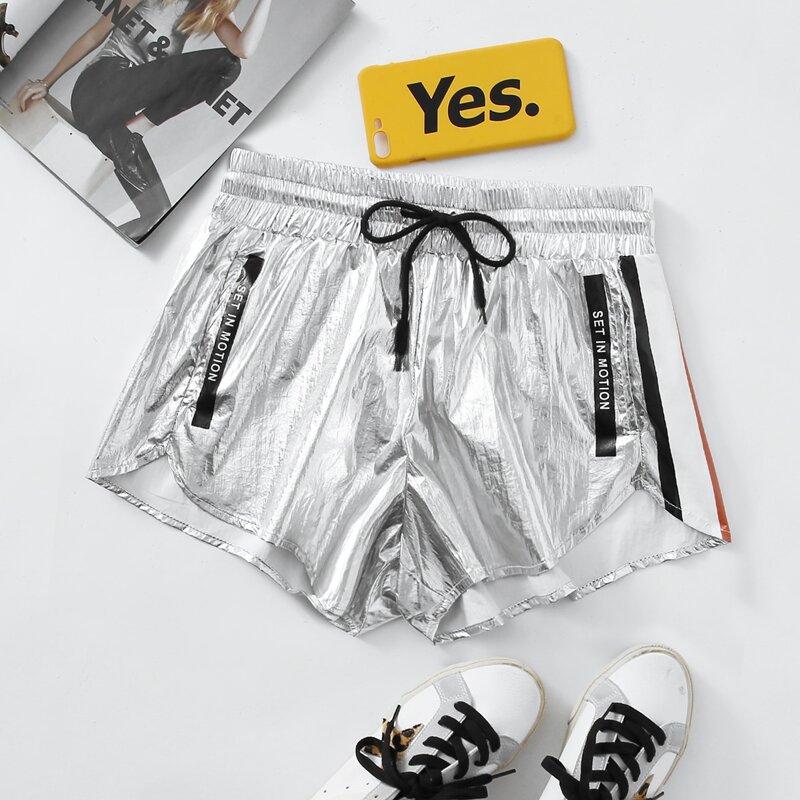 

Drawstring Waist Slant Pocket Metallic Track Shorts, Silver