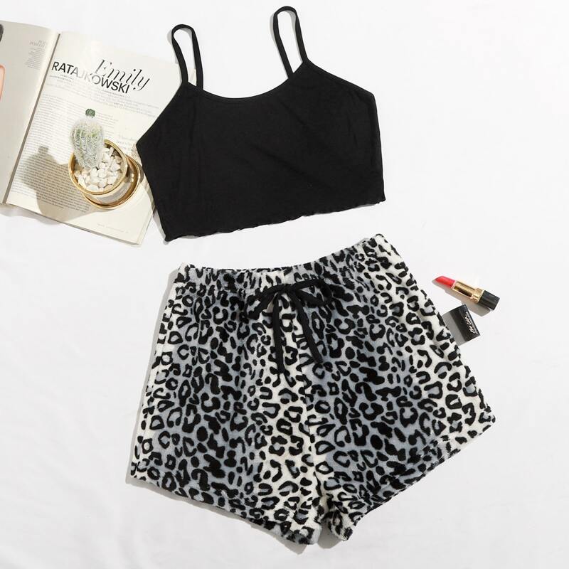

Cami Top & Tie Front Leopard Shorts PJ Set, Black and white