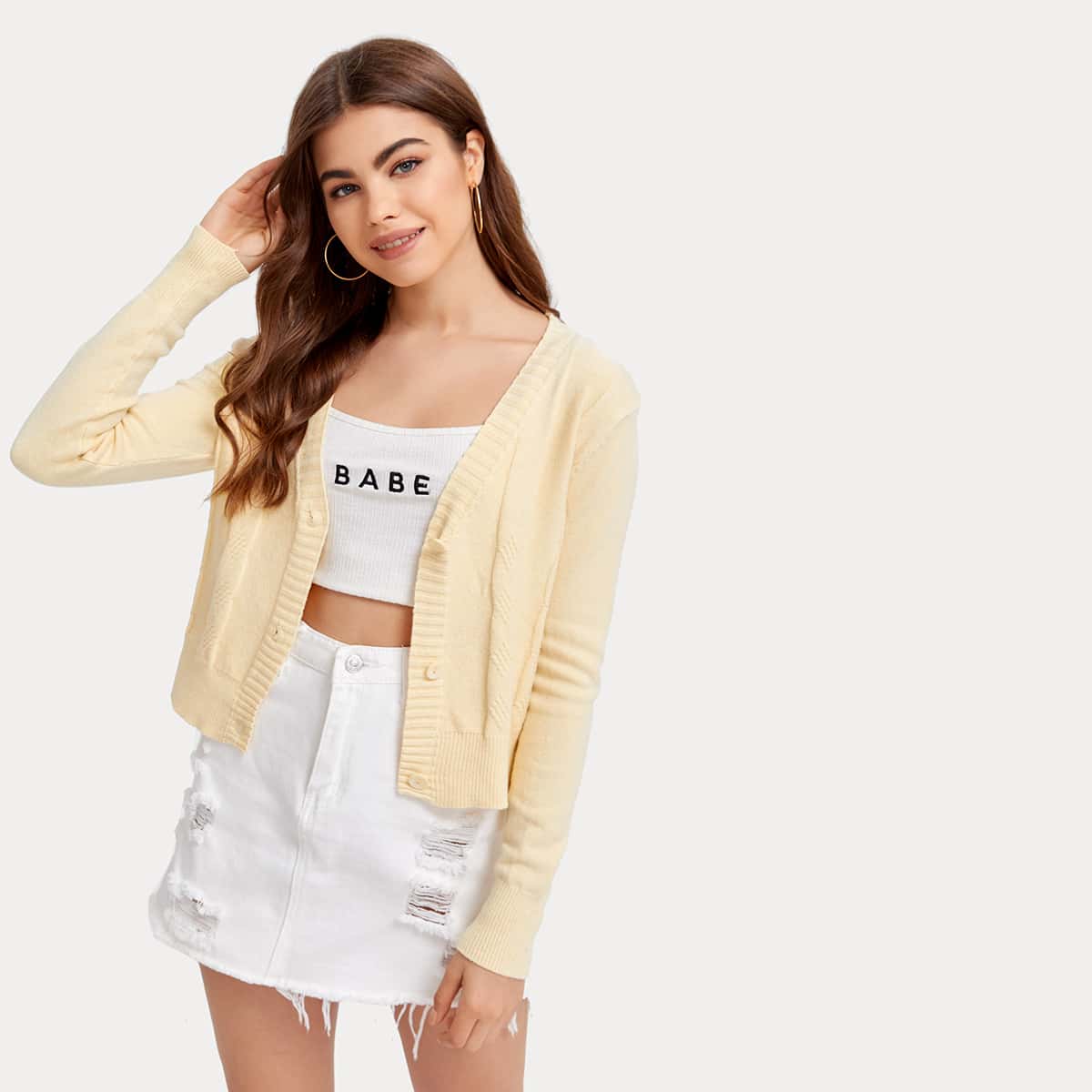 

Solid Button Front Cardigan, Apricot