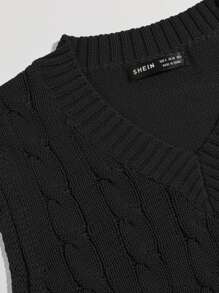 V-ringad Kabelstickad Tröj-väst - Svart - Visa 3