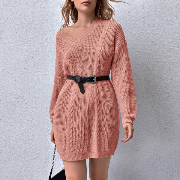 

Drop Shoulder Cable Knit Sweater Dress Without Belt, Dusty pink