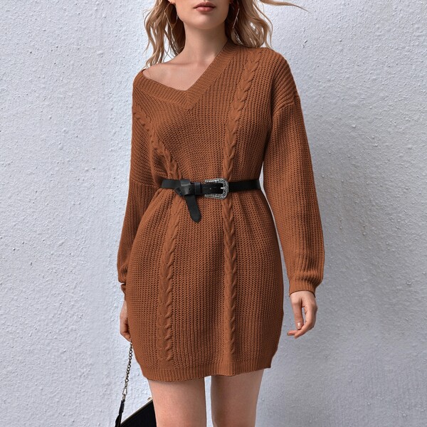 

Drop Shoulder Cable Knit Sweater Dress Without Belt, Rust brown
