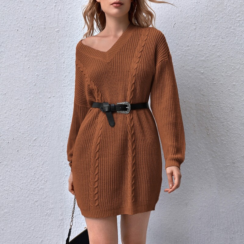 

Drop Shoulder Cable Knit Sweater Dress Without Belt, Rust brown