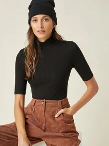 SHEIN BASICS Cotton Mock Neck Form Fitted Solid Bodysuit