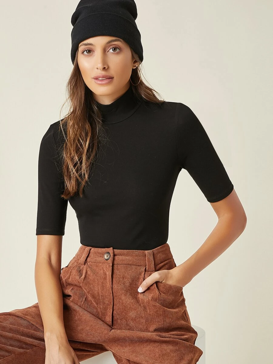 SHEIN BASICS Cotton Mock Neck Form Fitted Solid Bodysuit