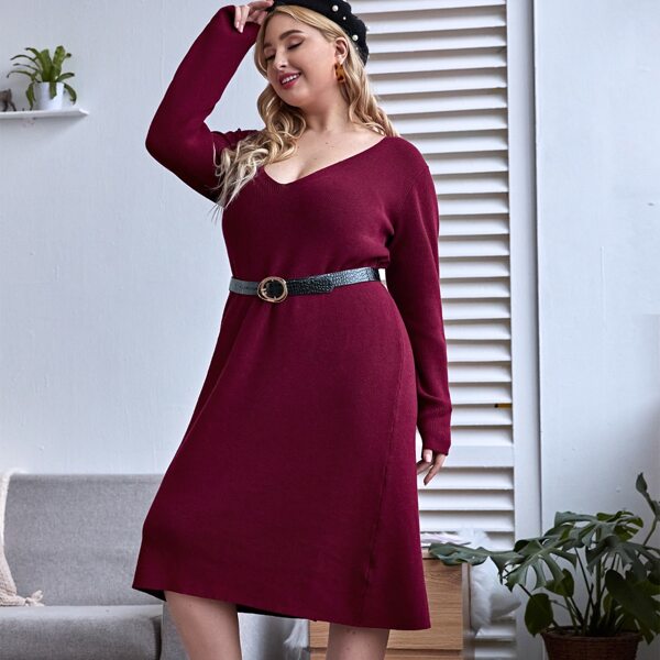 

Plus Plunging Neck Split Hem Rib-knit Sweater Dress, Maroon