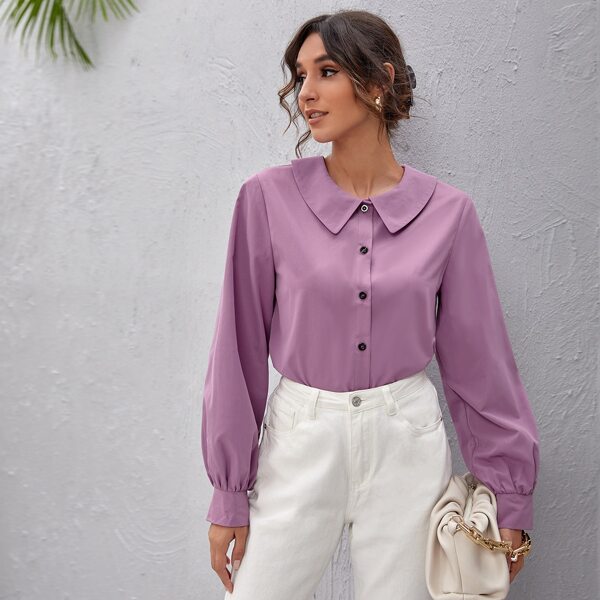 

Button Front Doll Collar Blouse, Lilac purple