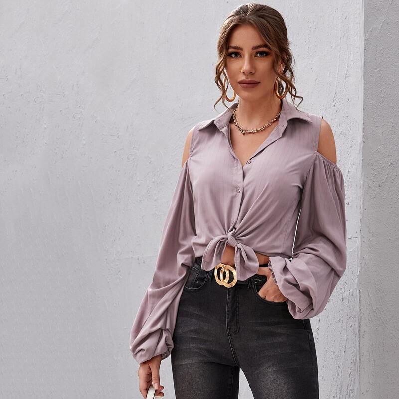 

Cold Shoulder Button Front Gather Sleeve Blouse, Mauve purple