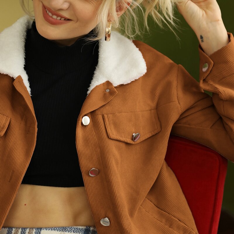 

Contrast Collar Corduroy Jacket, Brown