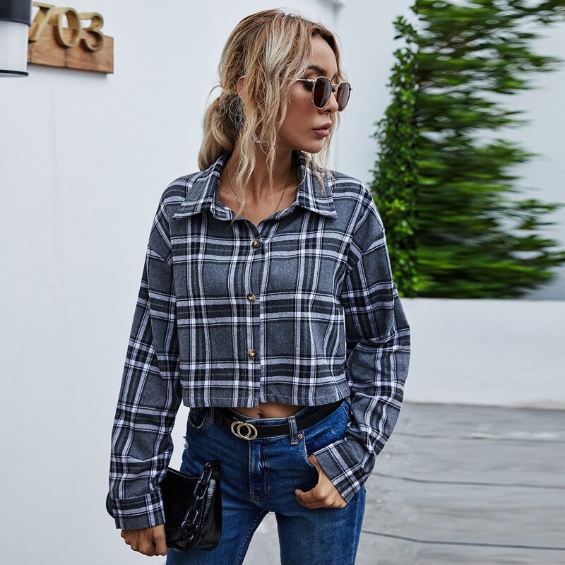 

Plaid Print Single Breasted Crop Jacket, Grey