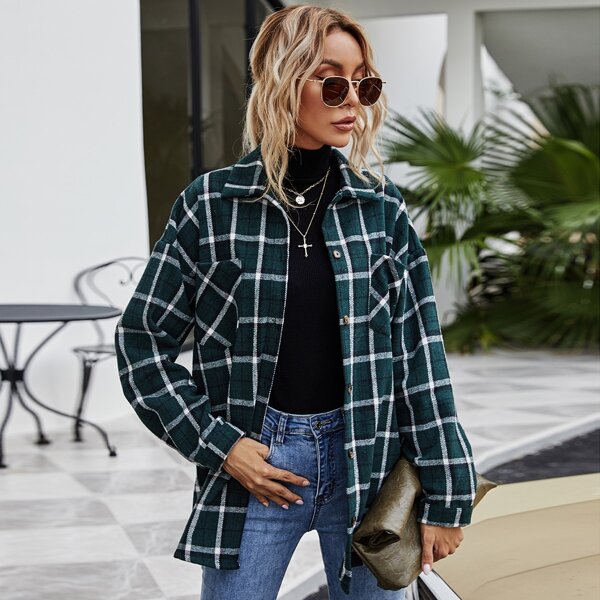 

Drop Shoulder Pocket Front Plaid Coat, Dark green
