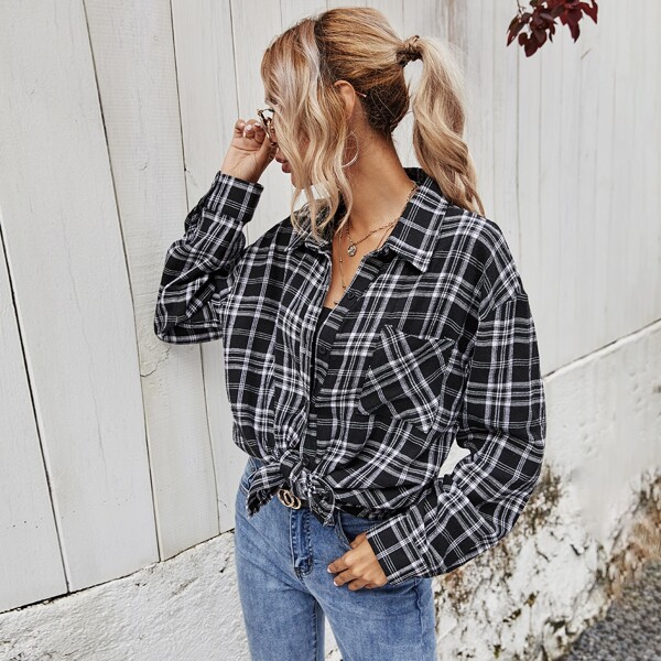 

Drop Shoulder Pocket Front Plaid Blouse, Black and white