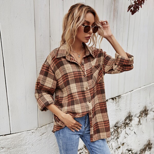 

Drop Shoulder Pocket Front Plaid Blouse, Multicolor