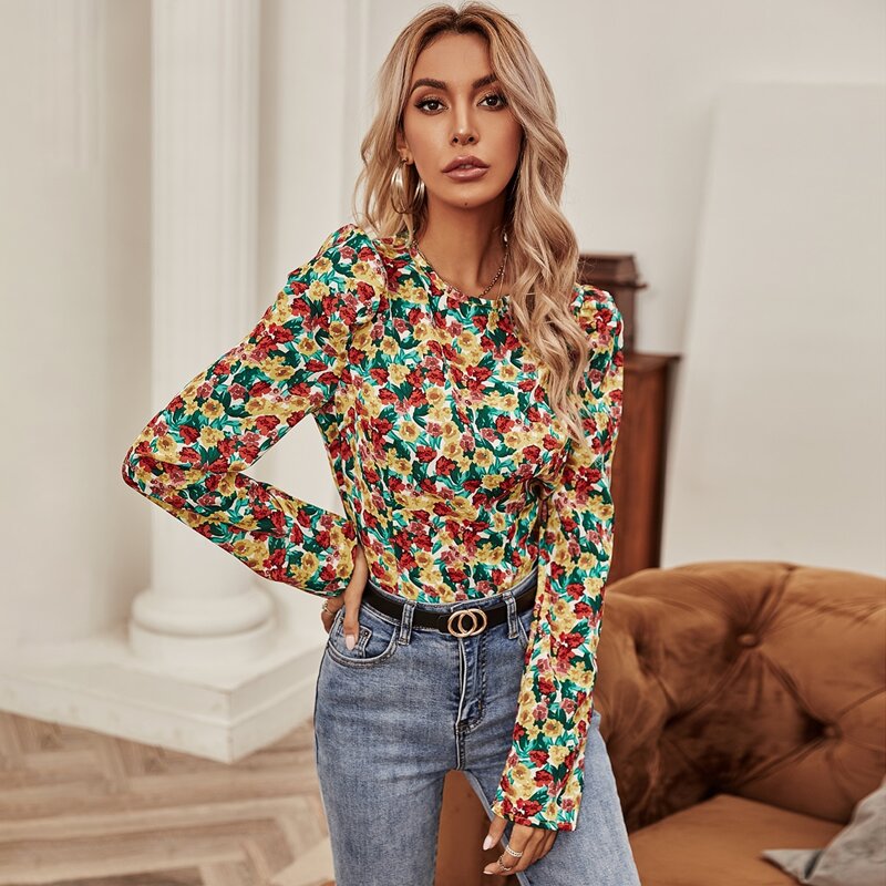 

Allover Floral Print Puff Sleeve Blouse, Multicolor