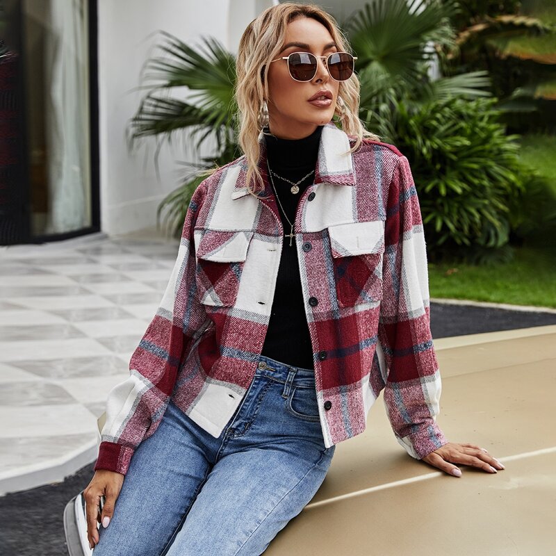 

Flap Pocket Plaid Jacket, Red and white