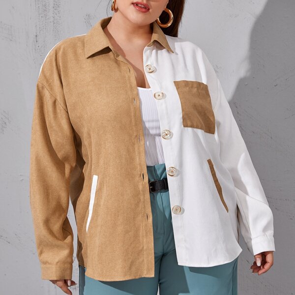 

Plus Colorblock Single Breasted High Low Hem Coat, Multicolor