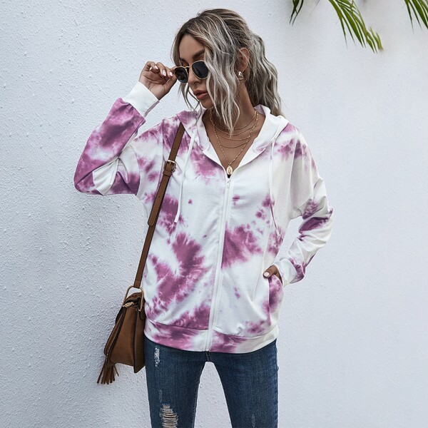 

Zip Up Tie Dye Print Hoodie, Multicolor