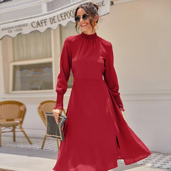 

Shirred Stand Neck Split Hem A-line Dress, Red