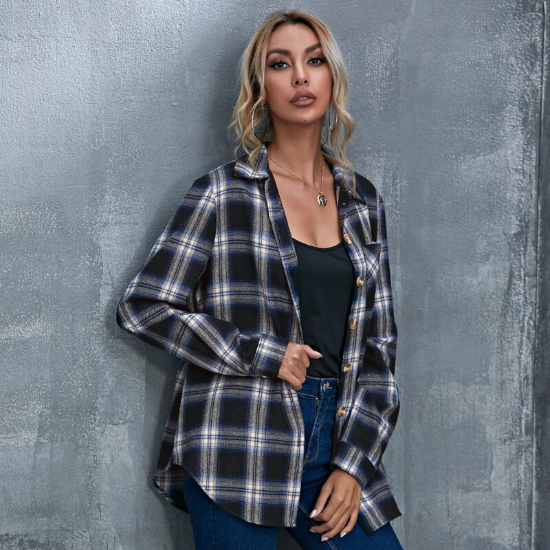 

Plaid Chest Pocket Button-Up Shirt, Black