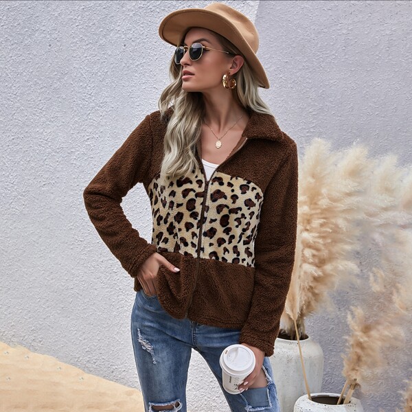 

Contrast Graphic Zip-up Teddy Coat, Chocolate brown
