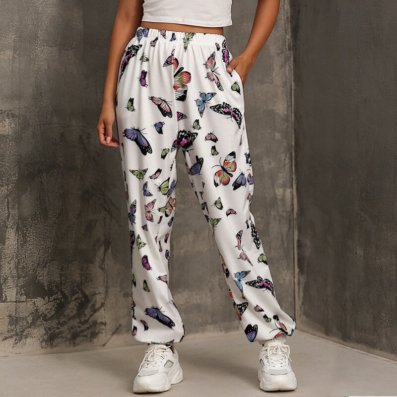 

Butterfly Print Slant Pocket Sweatpants, White