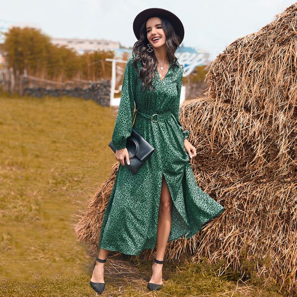 

All Over Print Split Hem Belted Dress, Dark green