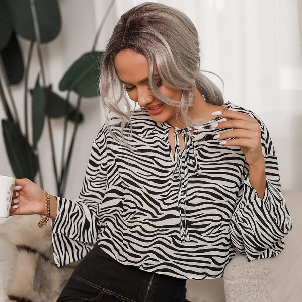 

Tie Neck Zebra Stripe Crop Blouse, Black and white