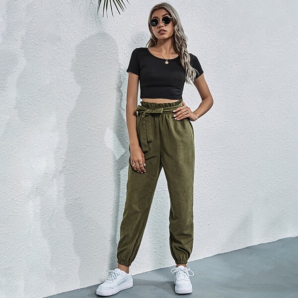 

Crepe Ruffle Belt Waist Pants, Army green