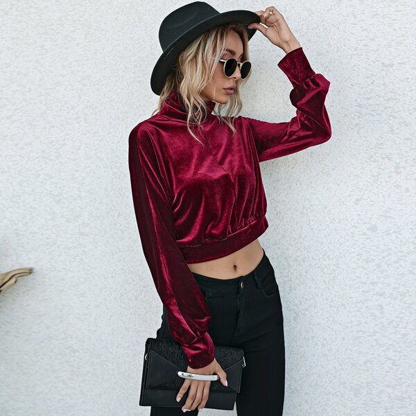 

Velvet High Neck Keyhole Back Sweatshirt, Maroon