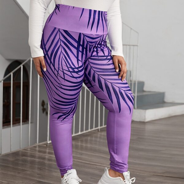 

Plus Leave Print Leggings, Lilac purple