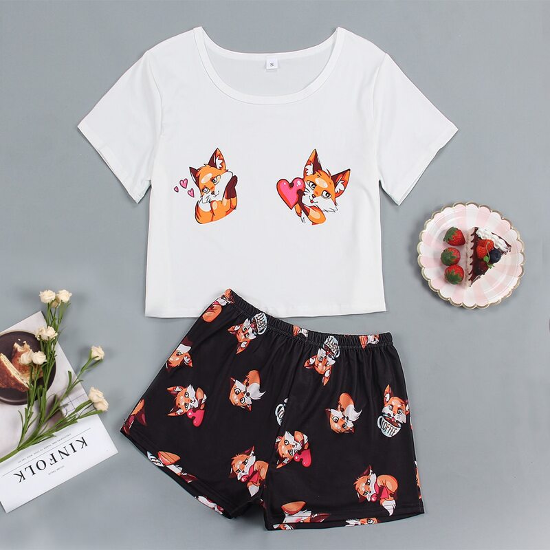 

Cartoon Animal Print Short Sleeve PJ Set, Black and white